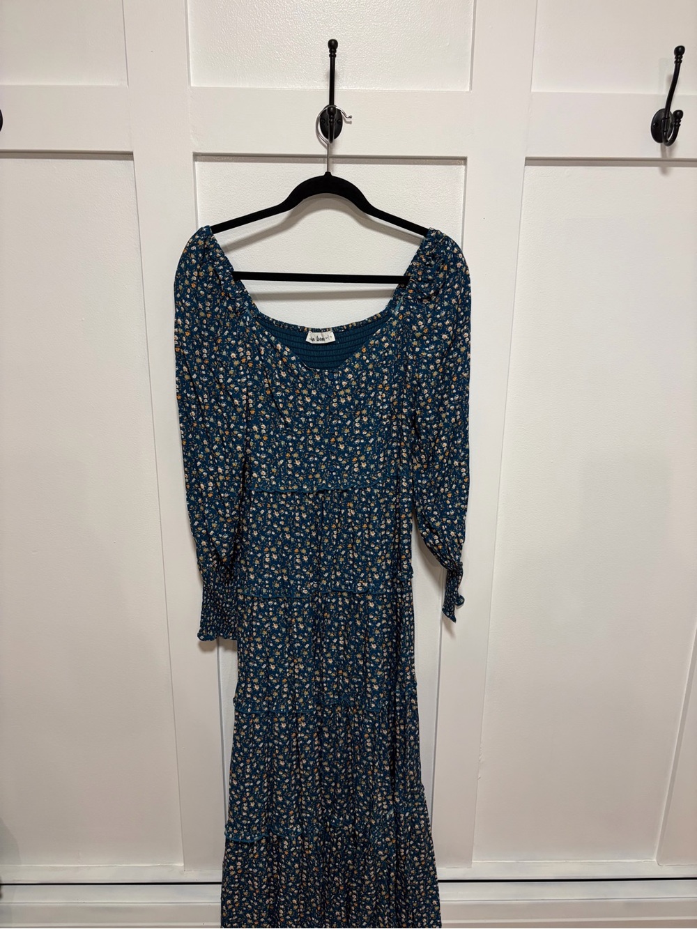 In Loom Floral Smocked Tiered Maternity Maxi Dress Teal Blue Boho Size S